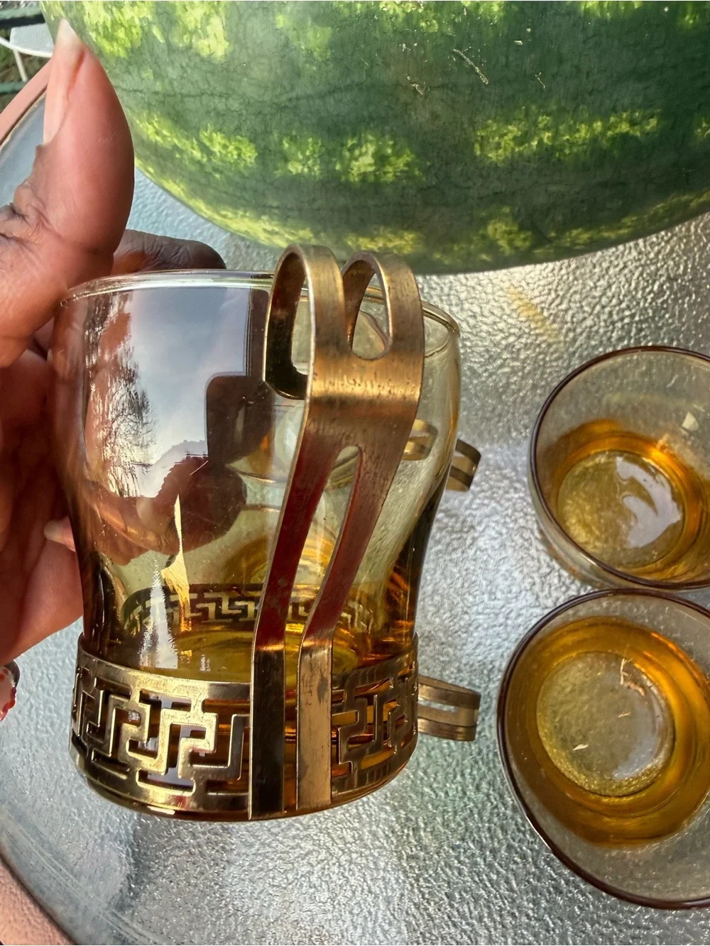 Amber Glass Tea Cups with Gold-Tone Filigree Holders - Set of 5